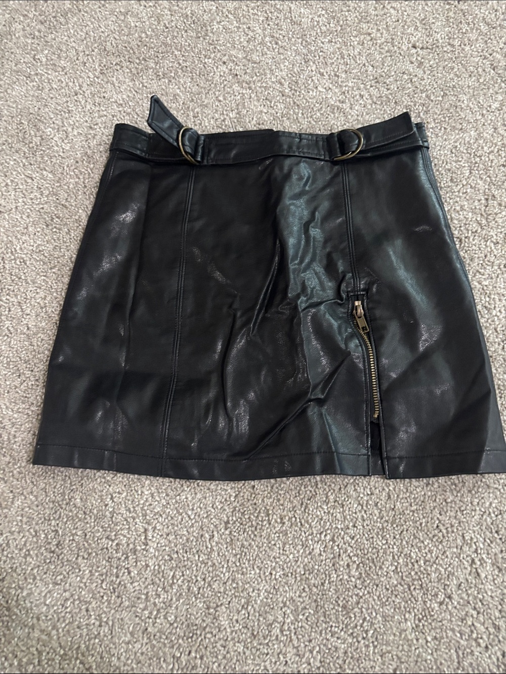 Altar'd State Black Faux Leather Mini Skirt with Ring-Accent Waist